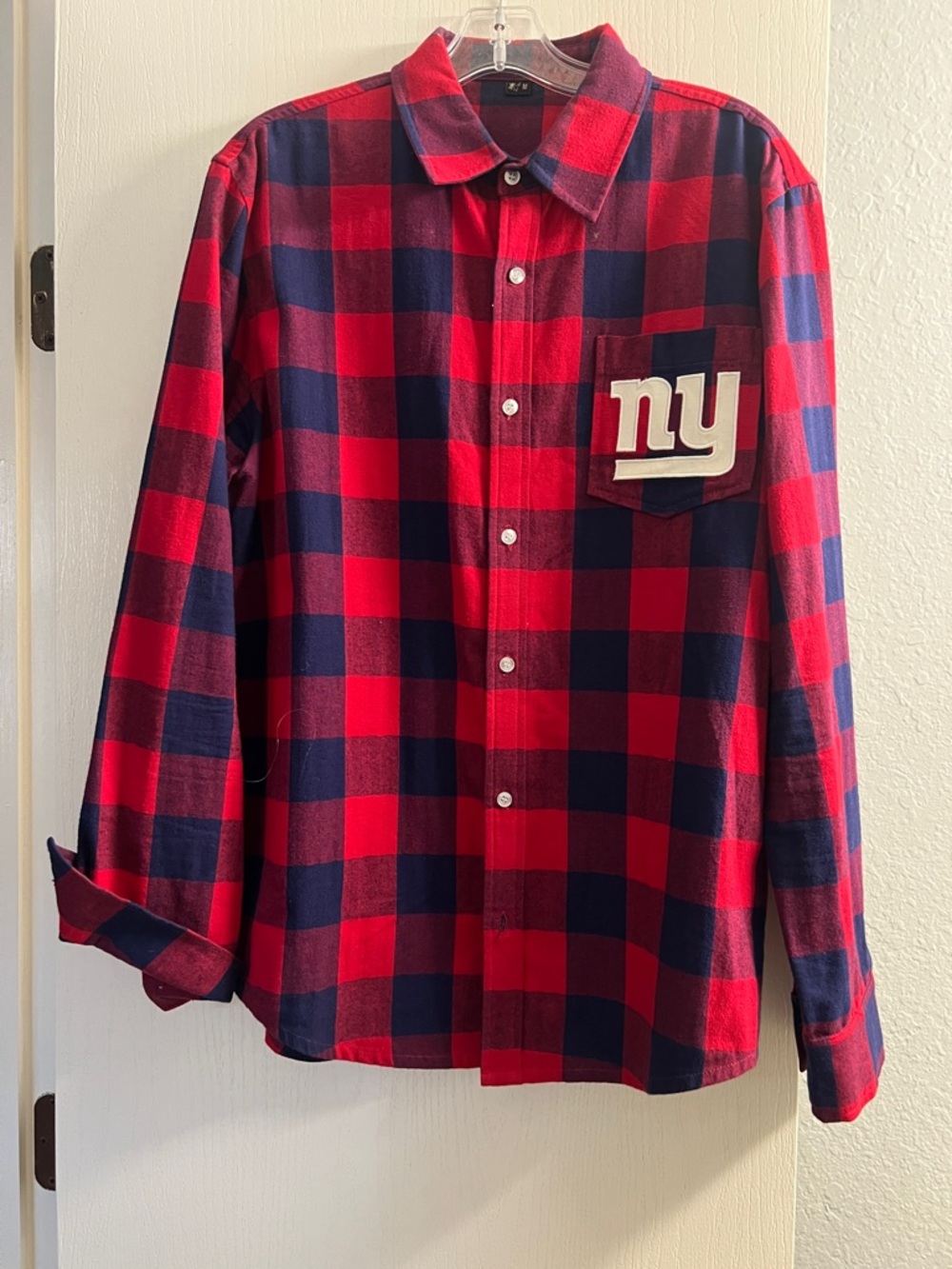 Red & Navy Plaid Button-Down Shirt with Chest Patch